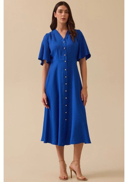 Kadın Düğme Detaylı Volan Kol Midi Elbise - Saks Mavi