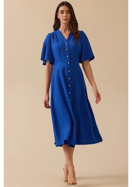 Kadın Düğme Detaylı Volan Kol Midi Elbise - Saks Mavi modelleri