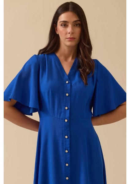 Kadın Düğme Detaylı Volan Kol Midi Elbise - Saks Mavi fırsatları
