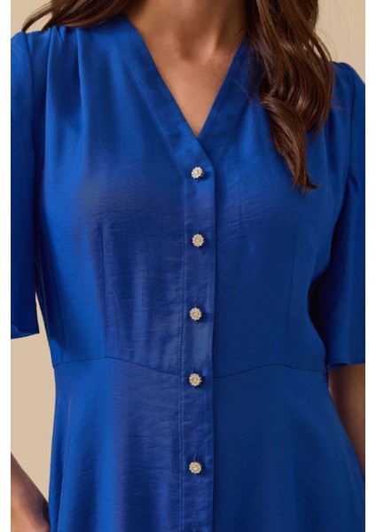 Kadın Düğme Detaylı Volan Kol Midi Elbise - Saks Mavi indirimleri