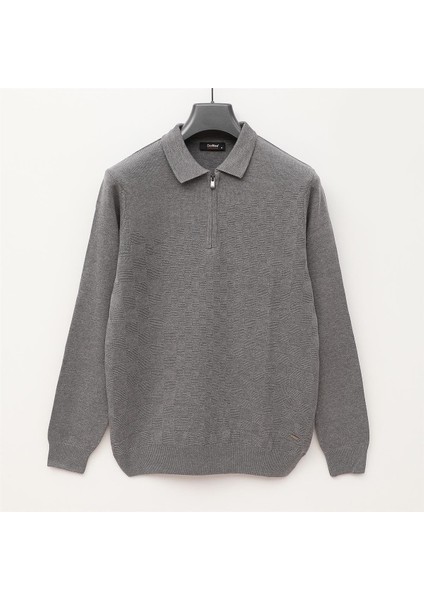 Erkek Şardonsuz Uzun Kol Ince Polo Yaka Sweatshirt - 189052 - Gri Melanj