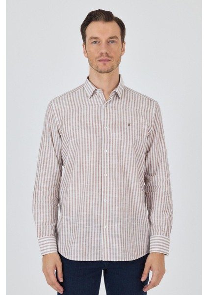 Kahverengi Kısalabilir Kol Cepsiz Pamuk Casual Comfort Fit Gömlek 1004250128