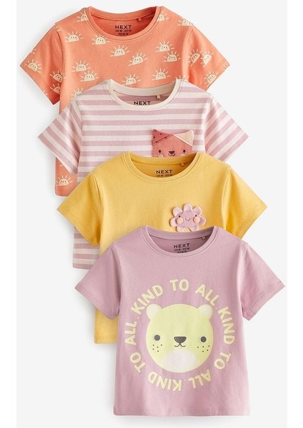 % 100 Pamuklu Pembe Ayı Desenli Kısa Kollu 4’lü Thsirt Set