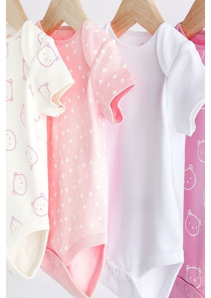 % 100 Pamuklu Pembe Ayı Desenli Kısa Kollu 4’lü Body Zıbın Set modelleri