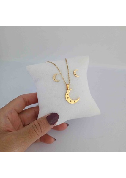 Çelik Gold Yıldız Motifli Ay Kolye Küpe Seti