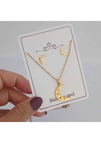 Çelik Gold Yıldız Motifli Ay Kolye Küpe Seti