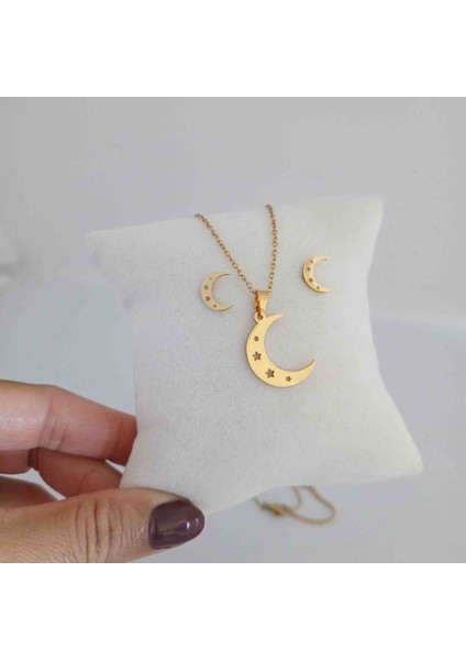 Çelik Gold Yıldız Motifli Ay Kolye Küpe Seti
