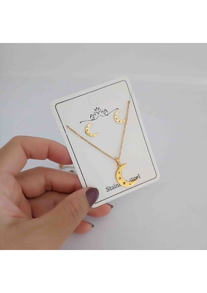 Çelik Gold Yıldız Motifli Ay Kolye Küpe Seti