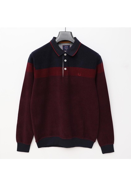 Erkek Uzun Kol İnce Polo Yaka Tişört - CZT-103 - Lacivert - Bordo