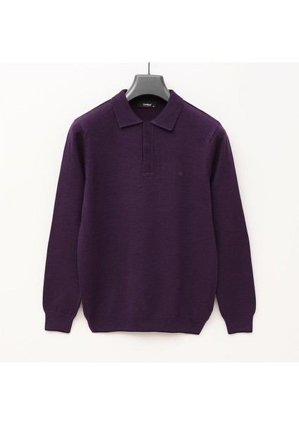 Erkek Şardonsuz Uzun Kol Ince Polo Yaka Sweatshirt - 189056 - Mürdüm