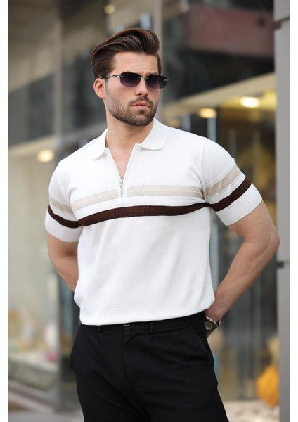 Beyaz Fermuarlı Polo Yaka Triko Erkek T-Shirt E7299