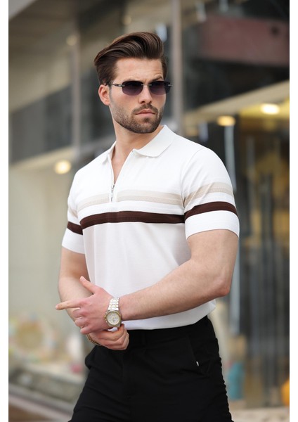 Beyaz Fermuarlı Polo Yaka Triko Erkek T-Shirt E7299 modelleri