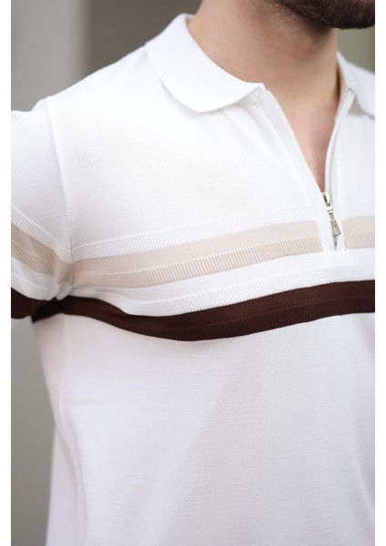 Beyaz Fermuarlı Polo Yaka Triko Erkek T-Shirt E7299 fırsatları