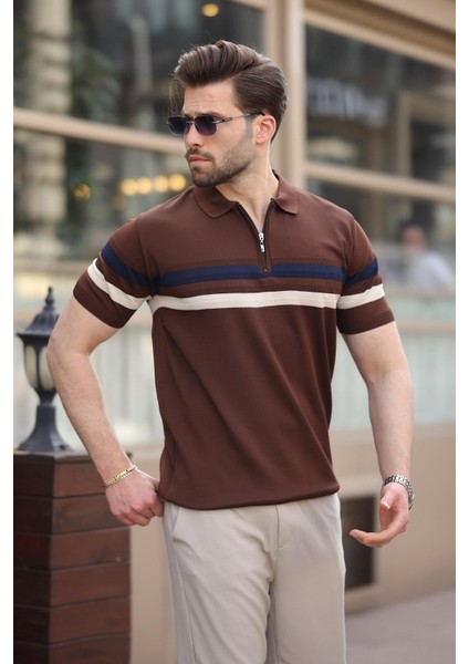 Kahverengi Fermuarlı Polo Yaka Triko Erkek T-Shirt E7299 fiyatları