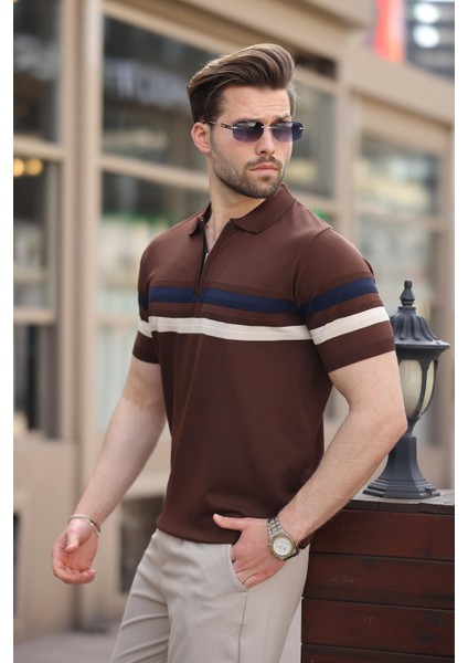 Kahverengi Fermuarlı Polo Yaka Triko Erkek T-Shirt E7299 modelleri