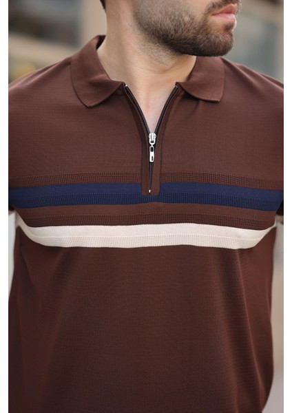 Kahverengi Fermuarlı Polo Yaka Triko Erkek T-Shirt E7299 fırsatları