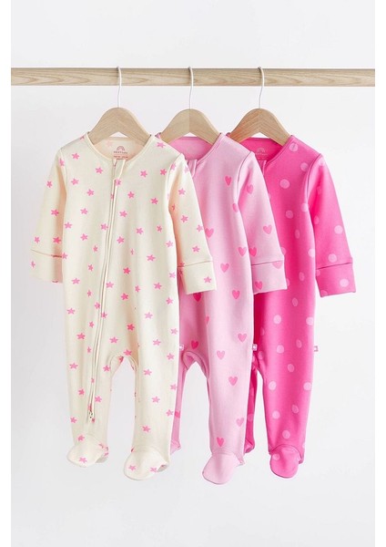 % 100 Pamuklu Pembe Puantiyeli Çift Fermuarlı 3’lü Tulum Set