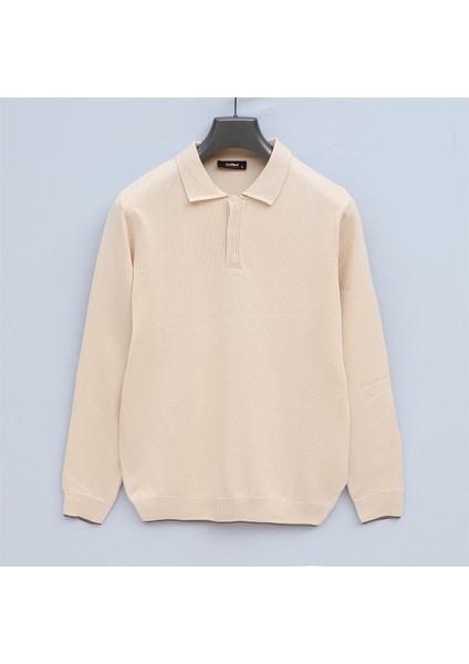 Erkek Şardonsuz Uzun Kol Ince Polo Yaka Sweatshirt - 189056 - Kemik