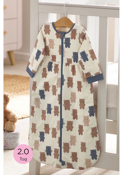% 100 Pamuklu Uzun Kollu Natural Teddy Bear 2 Tog Uyku Tulumu