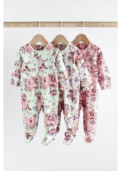 Pamuklu Pembe Çiçek Desenli Fermuarlı 3’lü Tulum Set