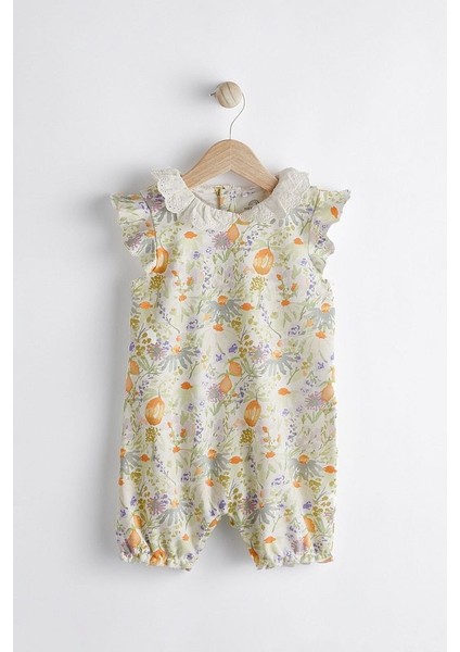 % 100 Pamuklu Krem Çiçek Desenli Dantel Yaka Romper