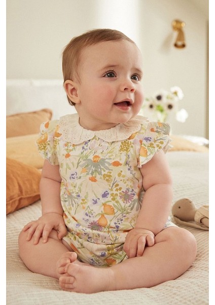 % 100 Pamuklu Krem Çiçek Desenli Dantel Yaka Romper fiyatları