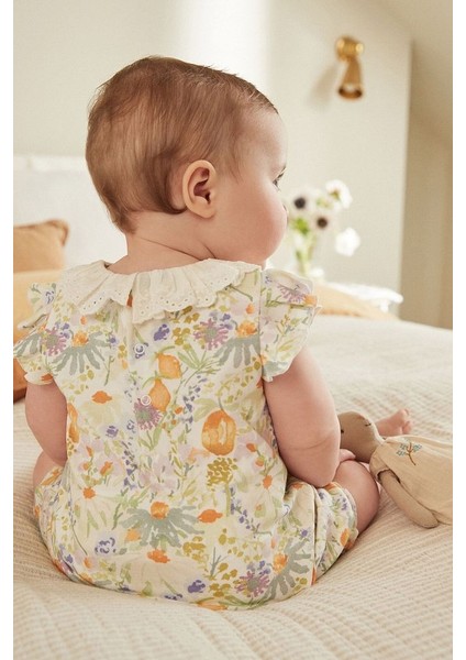 % 100 Pamuklu Krem Çiçek Desenli Dantel Yaka Romper modelleri
