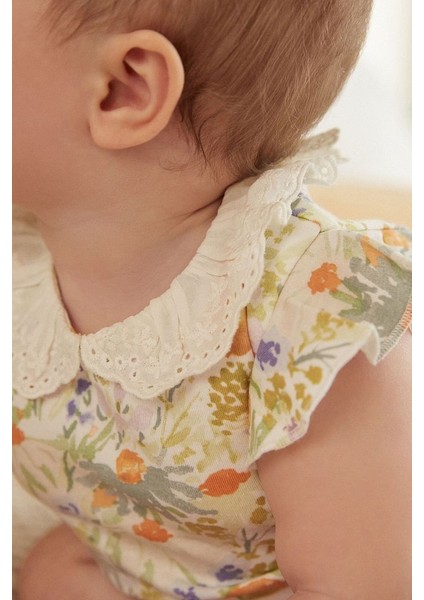 % 100 Pamuklu Krem Çiçek Desenli Dantel Yaka Romper fırsatları