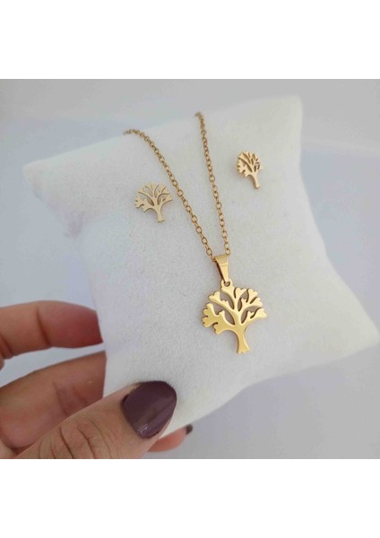Çelik Gold Yaşam Ağacı Kolye Küpe Seti