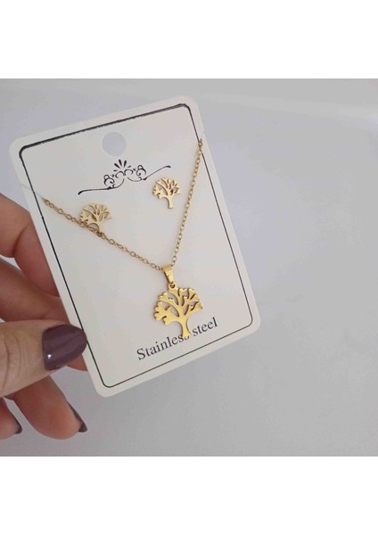 Çelik Gold Yaşam Ağacı Kolye Küpe Seti fiyatları