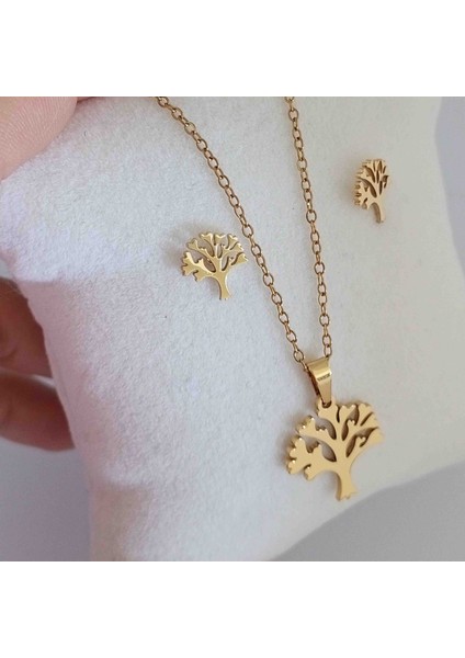 Çelik Gold Yaşam Ağacı Kolye Küpe Seti modelleri