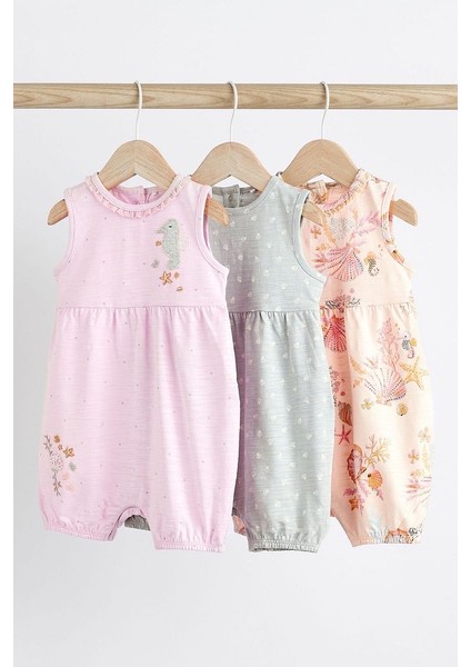 % 100 Pamuklu Pembe Deniz Kabuğu Desenli 3’lü Romper Set