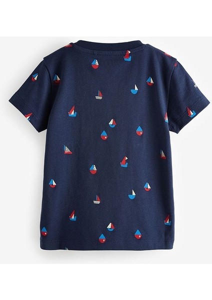 % 100 Pamuklu Mavi Yelken Desenli Kısa Kollu 4’lü Tshirt Set