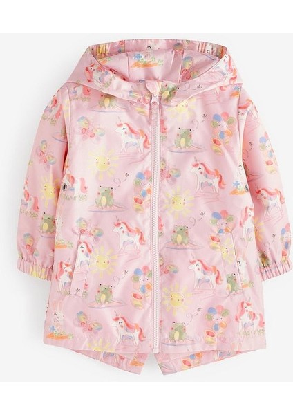 Pembe Unicorn Desenli Suya Dayanıklı Kapüşonlu Ceket /yağmurluk