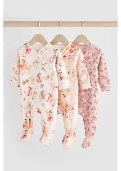 % 100 Pamuklu Krem Pembe Çiçek Desenli 3'lü Tulum Set