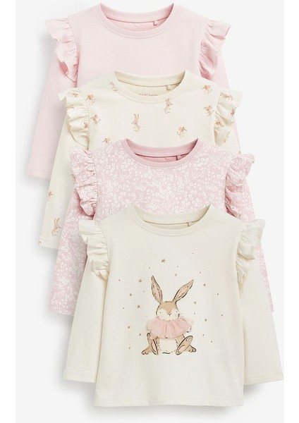 Pamuklu Pembe Krem Tavşan Desenli Uzun Kollu 4’lü Body Set