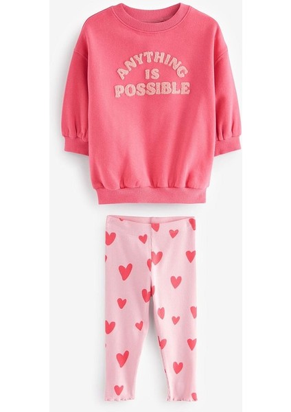 Pamuklu Pembe Baskılı Sweatshirt Tayt Alt Üst Takım fırsatları