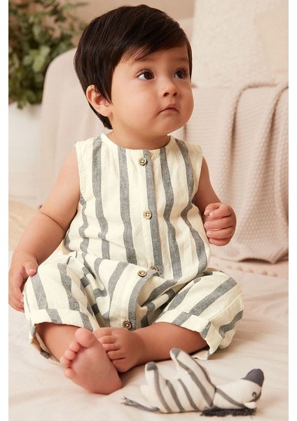 % 100 Pamuklu Beyaz Gri Çizgili Romper