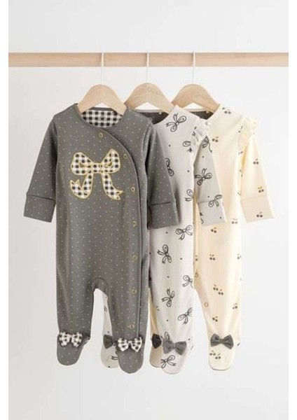 % 100 Pamuklu Gri Krem Fiyonk Desenli 3'lü Tulum Set
