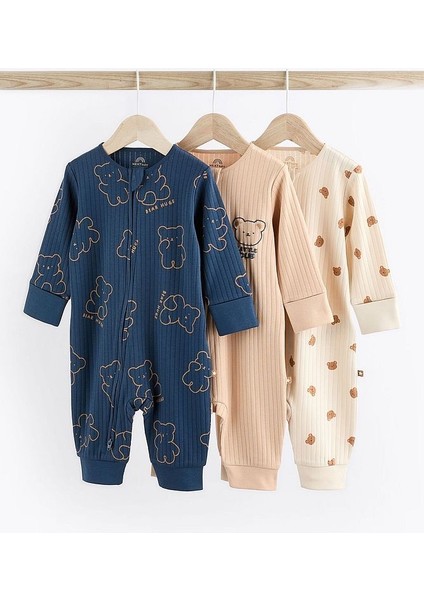 % 100 Pamuklu Lacivert Krem Ayıcık Desenli 3’lü Tulum Set