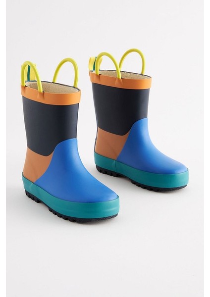 Mavi Turuncu Renk Bloklu Su Geçirmez Yağmur Botu /çizme