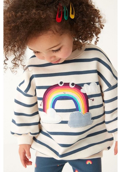 Pamuklu Mavi Gökkuşağı Desenli Sweatshirt Alt Üt Takım fırsatları