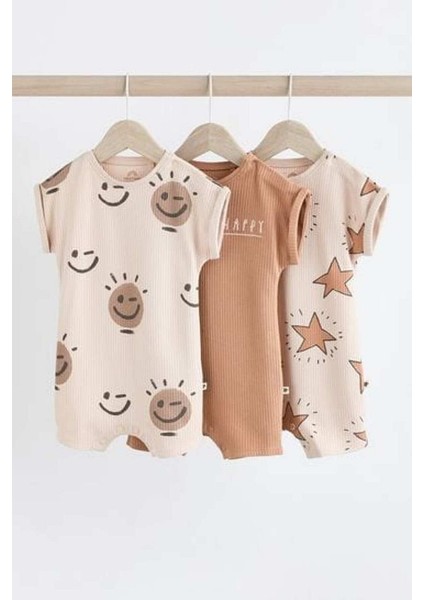 Pamuklu Krem Yıldız Desenli 3’lü Romper Set