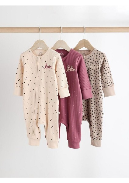 Pamuklu Krem Pembe Baskılı Fermuarlı 3'lü Tulum Set
