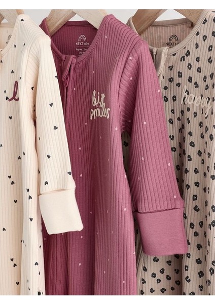 Pamuklu Krem Pembe Baskılı Fermuarlı 3'lü Tulum Set modelleri
