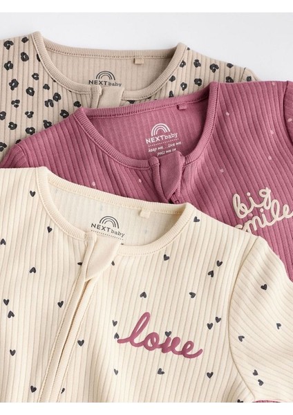 Pamuklu Krem Pembe Baskılı Fermuarlı 3'lü Tulum Set fırsatları