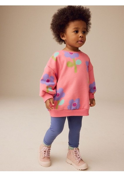 Pamuklu Pembe Çiçek Baskılı Uzun Kollu Sweatshirt Tayt Alt Üst Takım