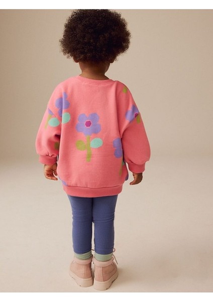 Pamuklu Pembe Çiçek Baskılı Uzun Kollu Sweatshirt Tayt Alt Üst Takım