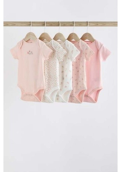 % 100 Pamuklu Pembe Çiçek Desenli Kısa Kollu 5'li Body Zıbın Set