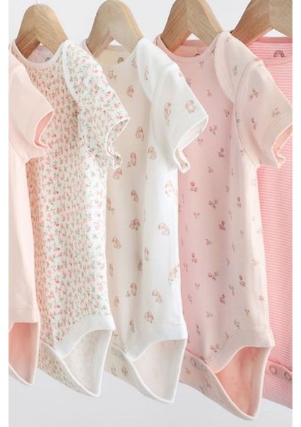 % 100 Pamuklu Pembe Çiçek Desenli Kısa Kollu 5'li Body Zıbın Set modelleri